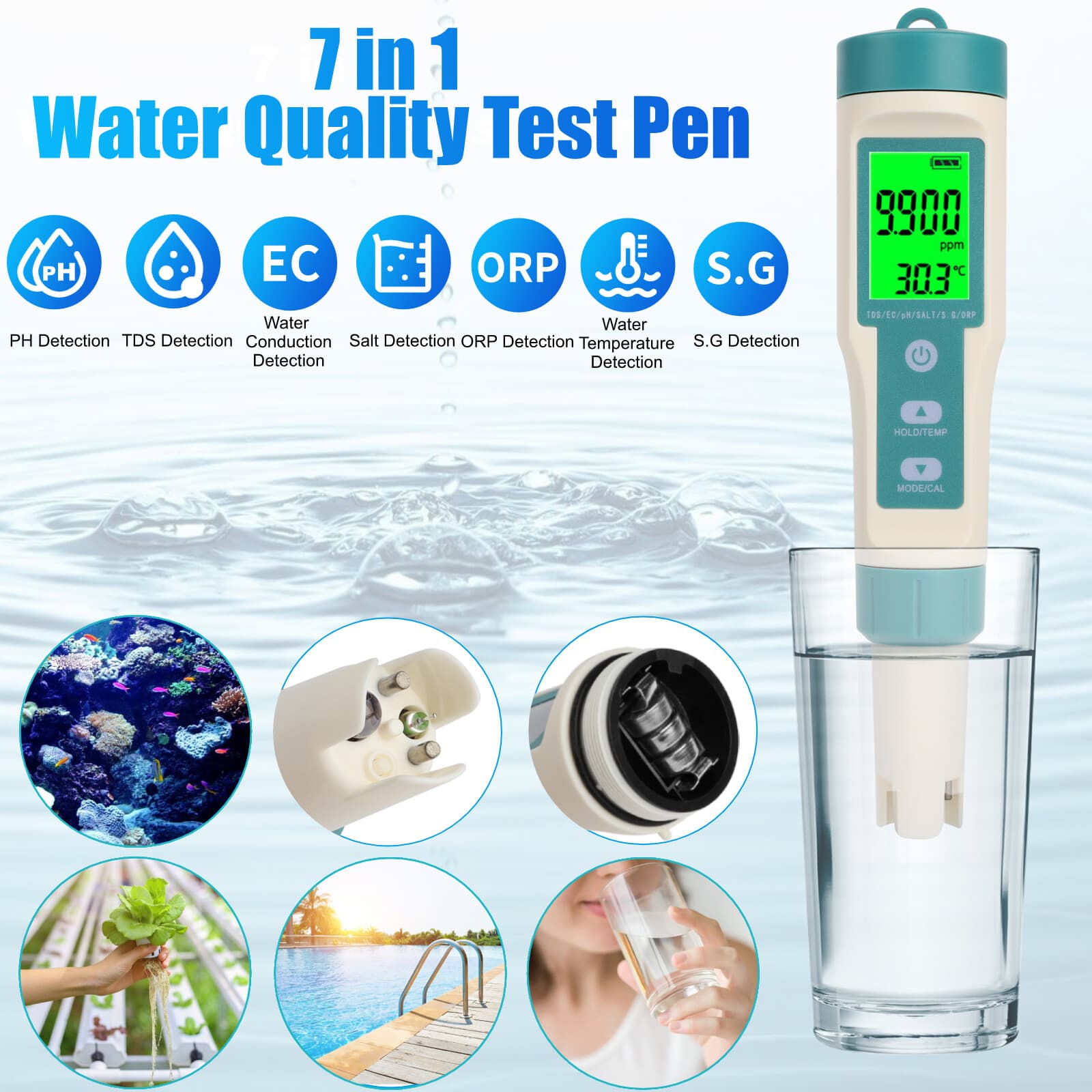 7 in 1 Digital LCD PH/TDS/EC/ORP/TEMP/SG/Salinity Water Quality Tester Meter Pen