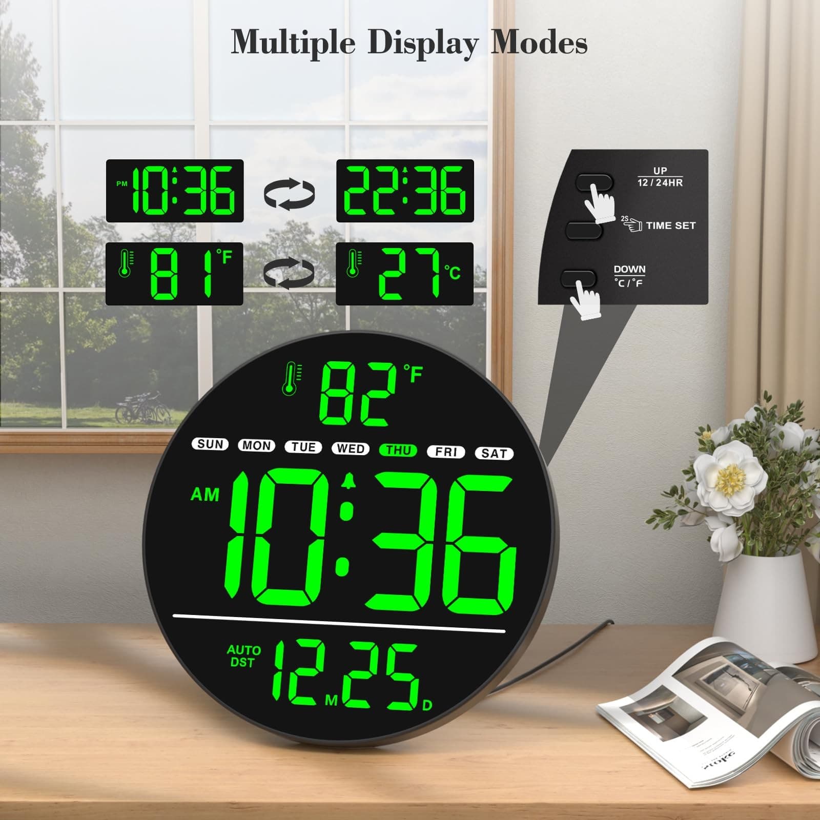 Large Digital Wall Clock with LED Display, Electric Wall Clock with Temperatu... 5