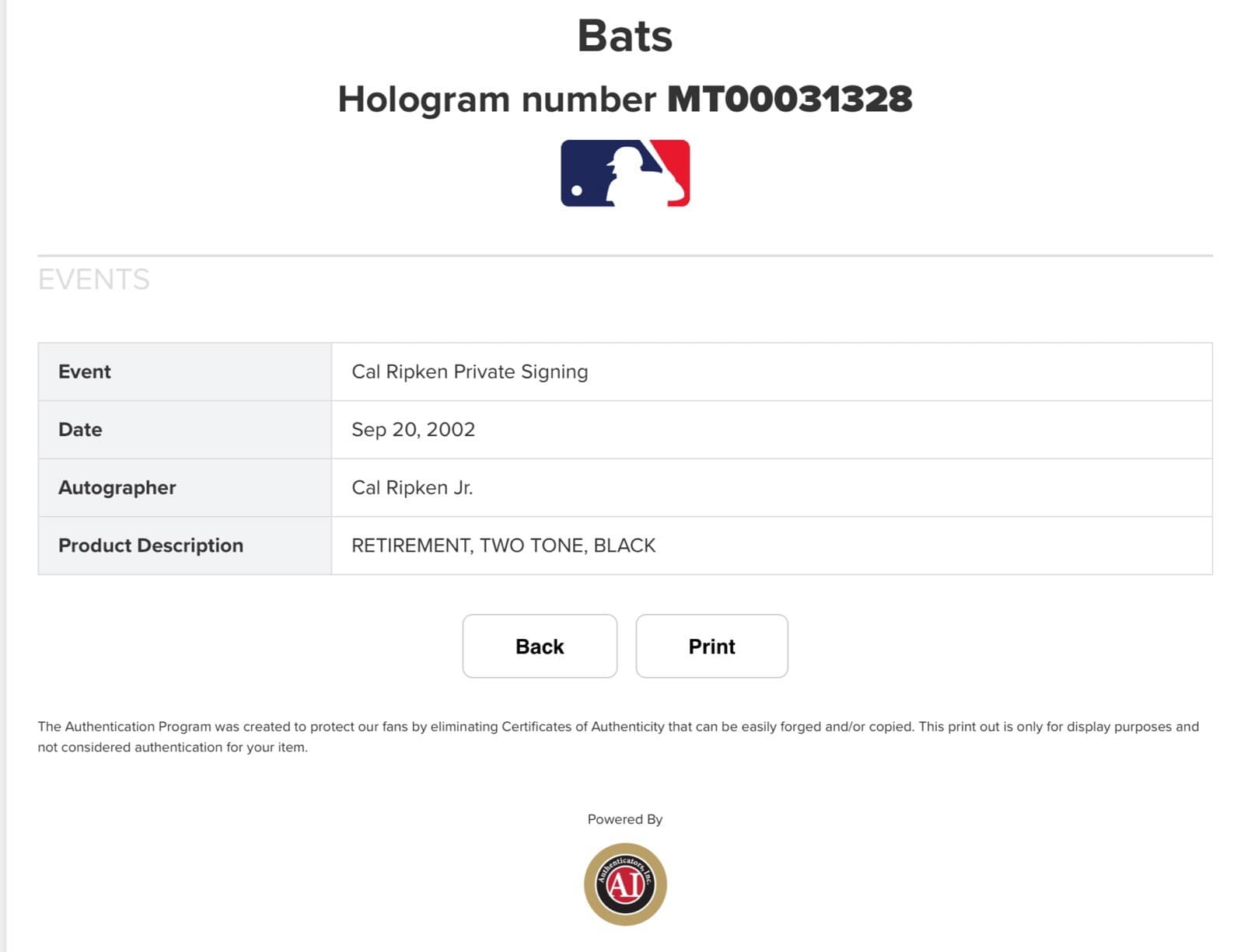 Cal Ripken Jr. Signed P72 Louisville Slugger Retirement Farewell Bat MLB Holo 5