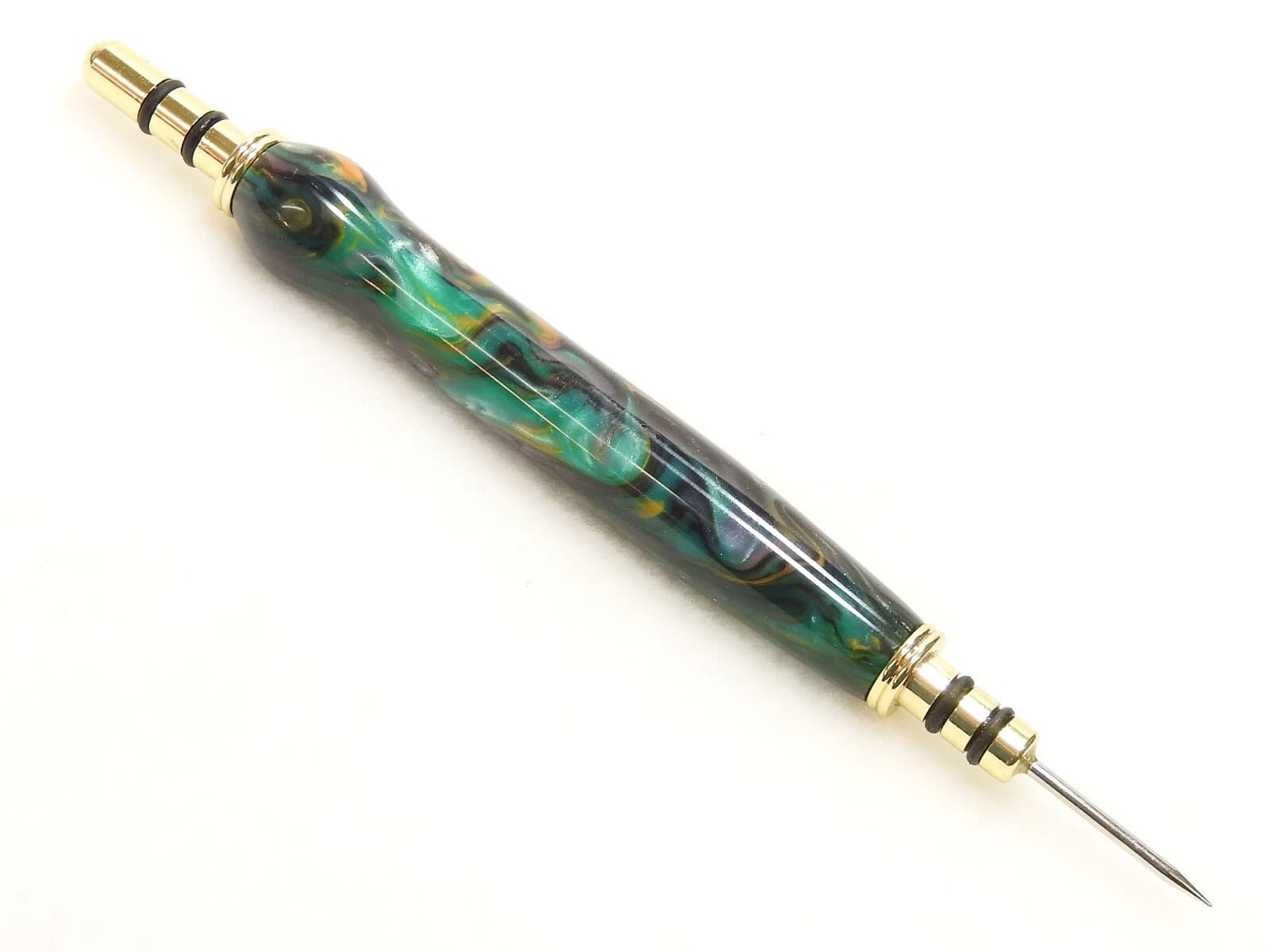 Handmade Double Seam Ripper w/ Sewing Stiletto, Green Gold Abalone Cloud Acrylic 2