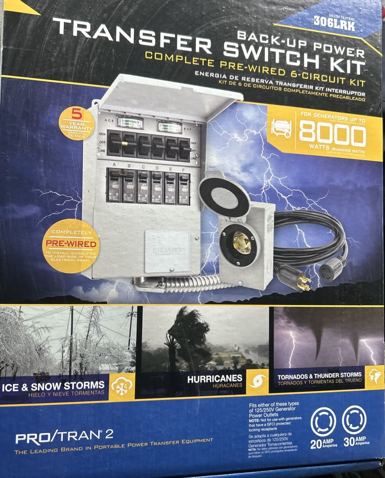 RELIANCE 8000 WATT 6-CIRCUIT 30AMP BACK-UP POWER TRANSFER SWITCH KIT 306LRK