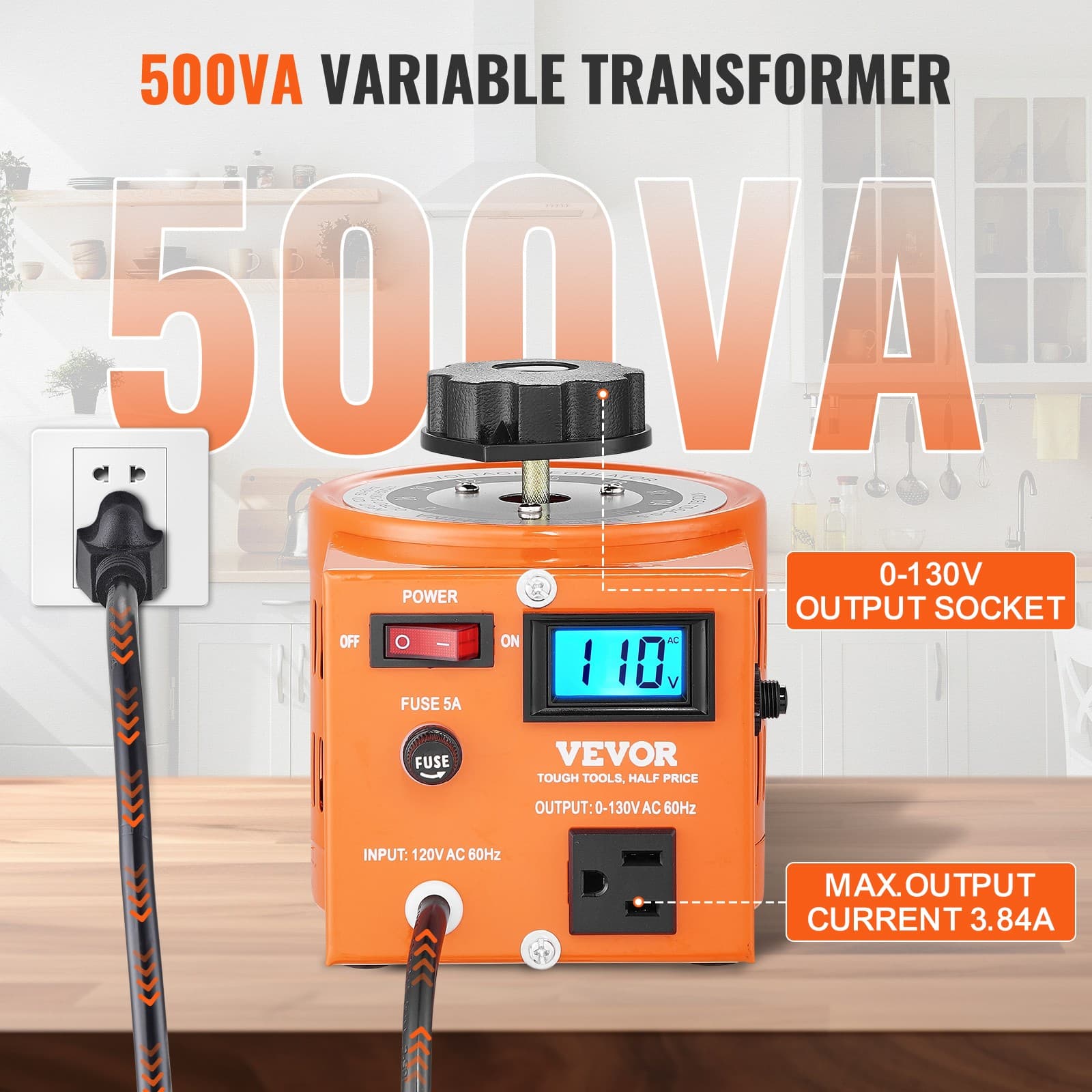 120V 500VA Variable Transformer With Digital Display LCD 60Hz 0-130V AC Voltage 3