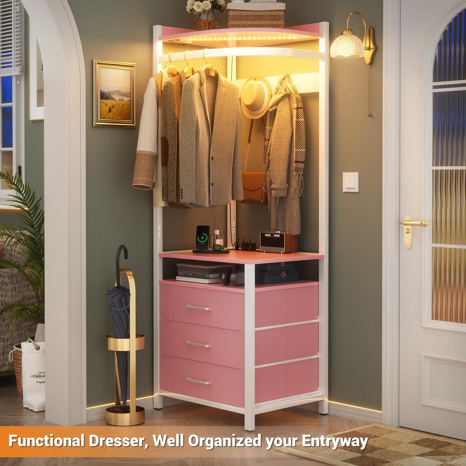 Corner Clothes Rack, 70'' Tall Corner Closet with Power Outlets & LED Lights,... 5