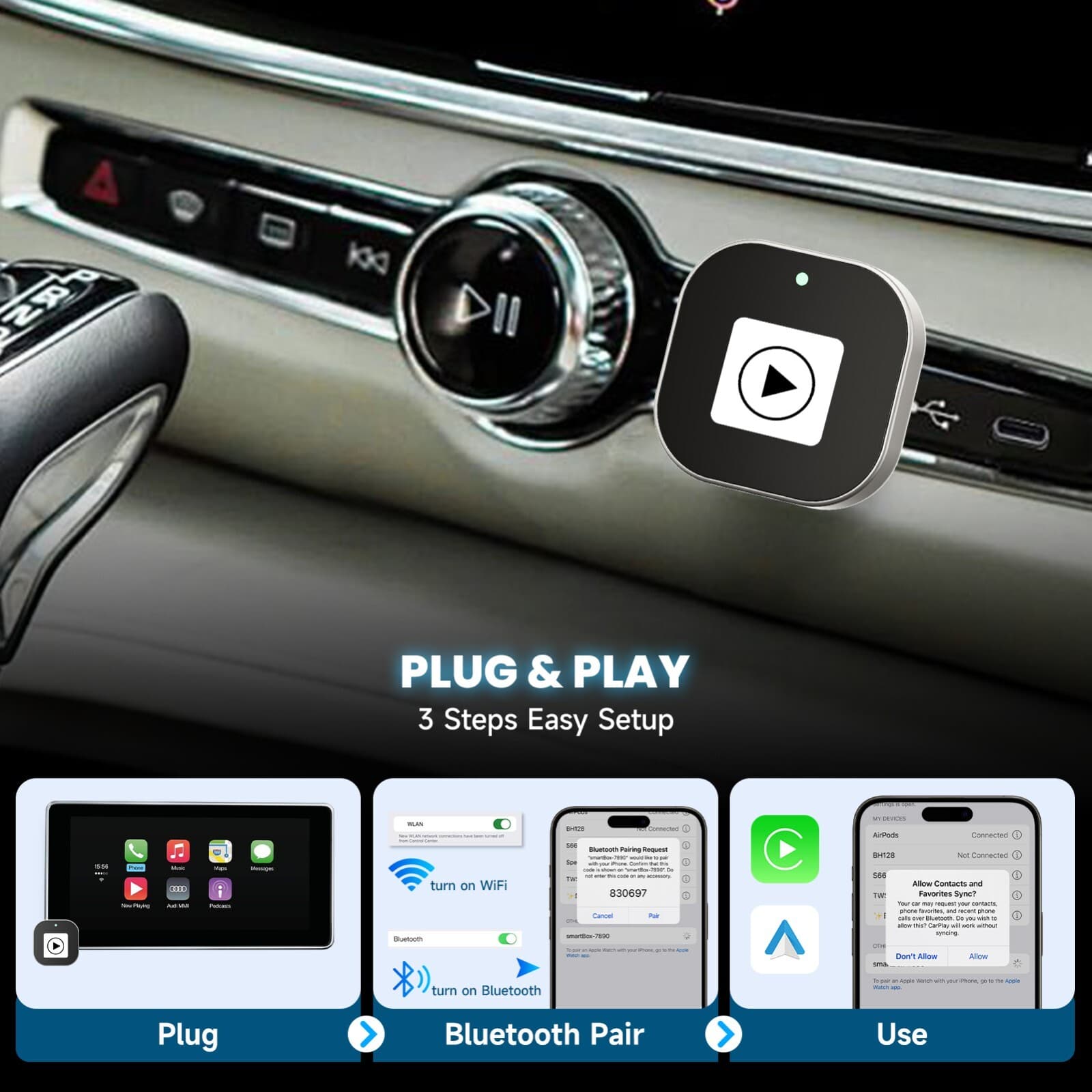 Wired to Wireless CarPlay Adapter For iPhone Android Auto Adapter Plug & Play US 4