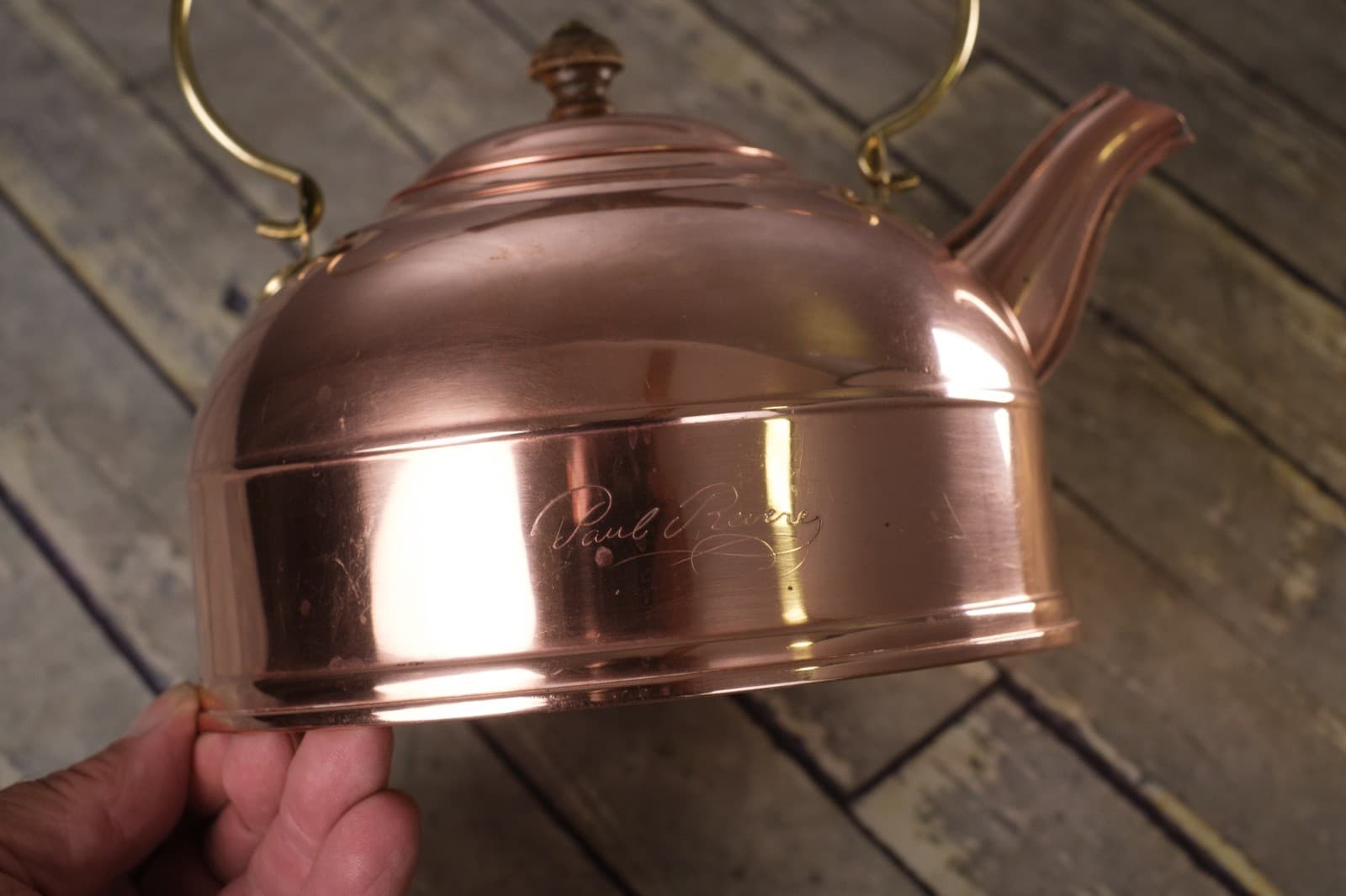 REVERE WARE Copper & Brass Tea Kettle 2 Quart Rome New York Wooden Handle Lid 3