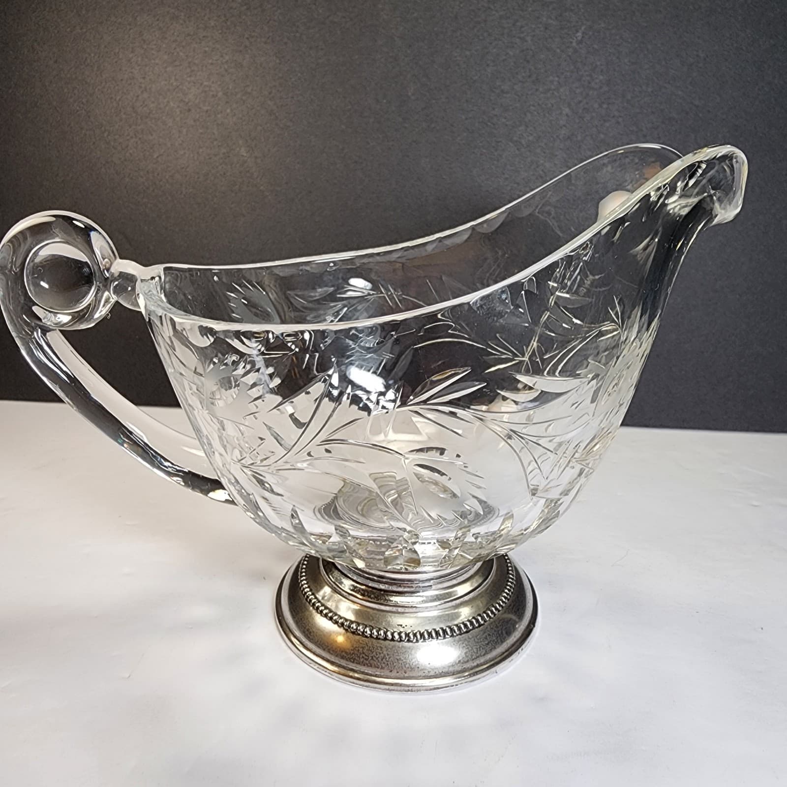 Vintage Frank M. Whiting Etched Glass Gravy Boat Sauce Dish Sterling Silver Base