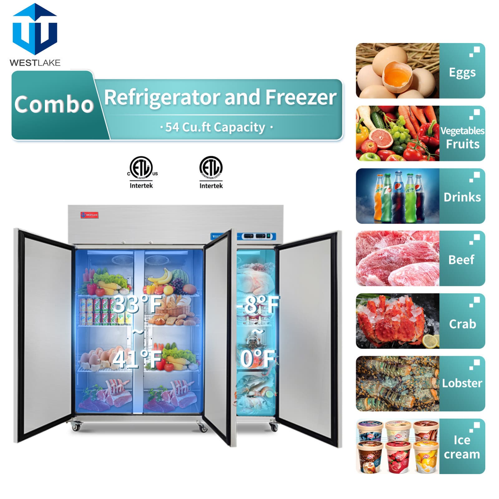 Commercial Refrigerator Freezer Combo, 3 door 72" Fridge Freezer Combination 2