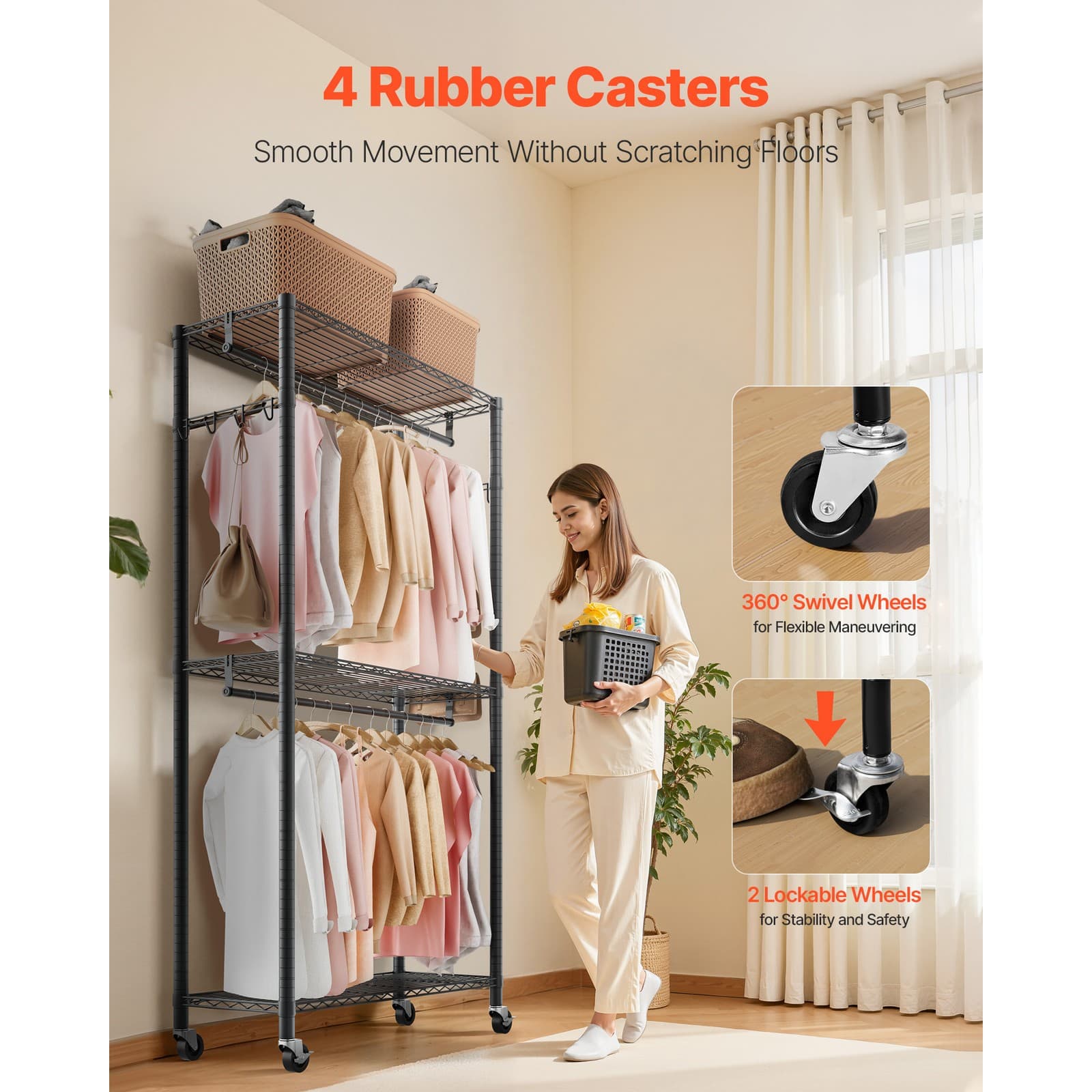 Uimoso Adjustable 3-Tier Rolling Garment Rack for Clothing Storage, Black 6