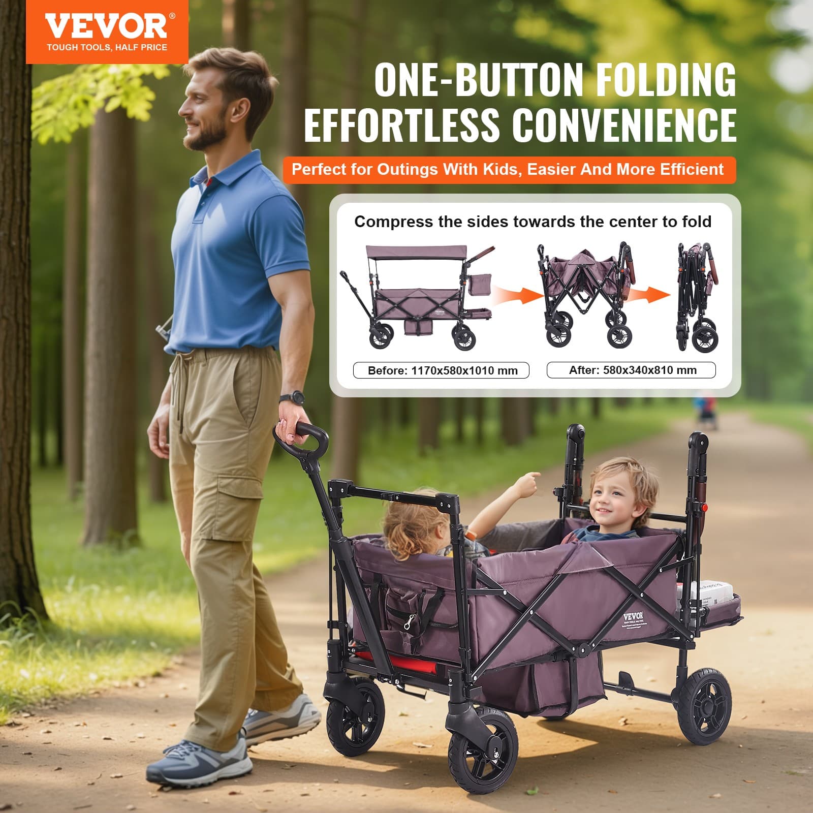 VEVOR Wagon Stroller Push Pull Quad Collapsible for 2 Kids w/ Canopy Dark Purple 2