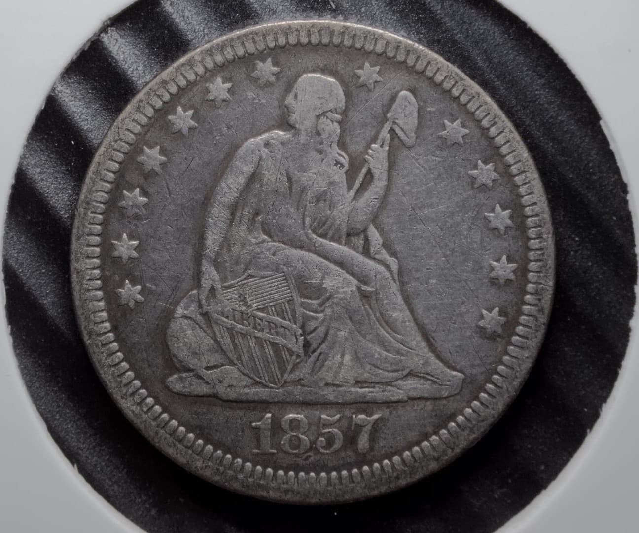 1857 Seated Liberty Quarter 25 - Smoking Liberty FS-401 Die Gouge - Old Cleaning