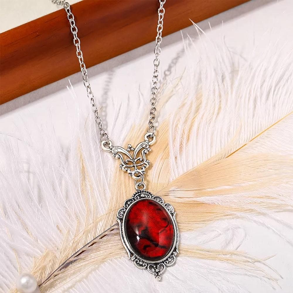 Vintage Red Stone Pendant Necklace  Silver Ox Oval Boho Jewelry for Women 2