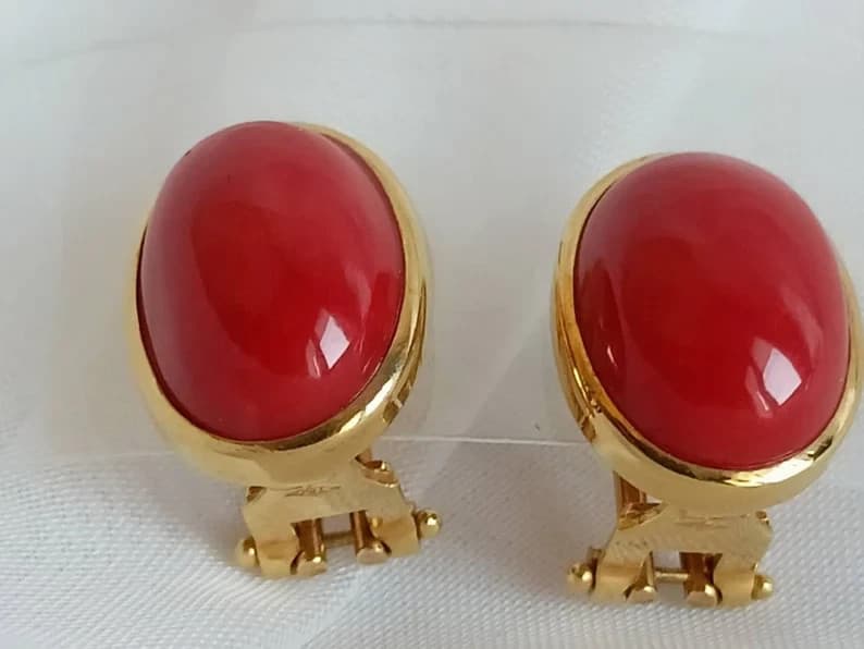 Estate Sardinia Red Coral 18K Yellow Gold Over Clip-On Studs Earrings Good Luck 4