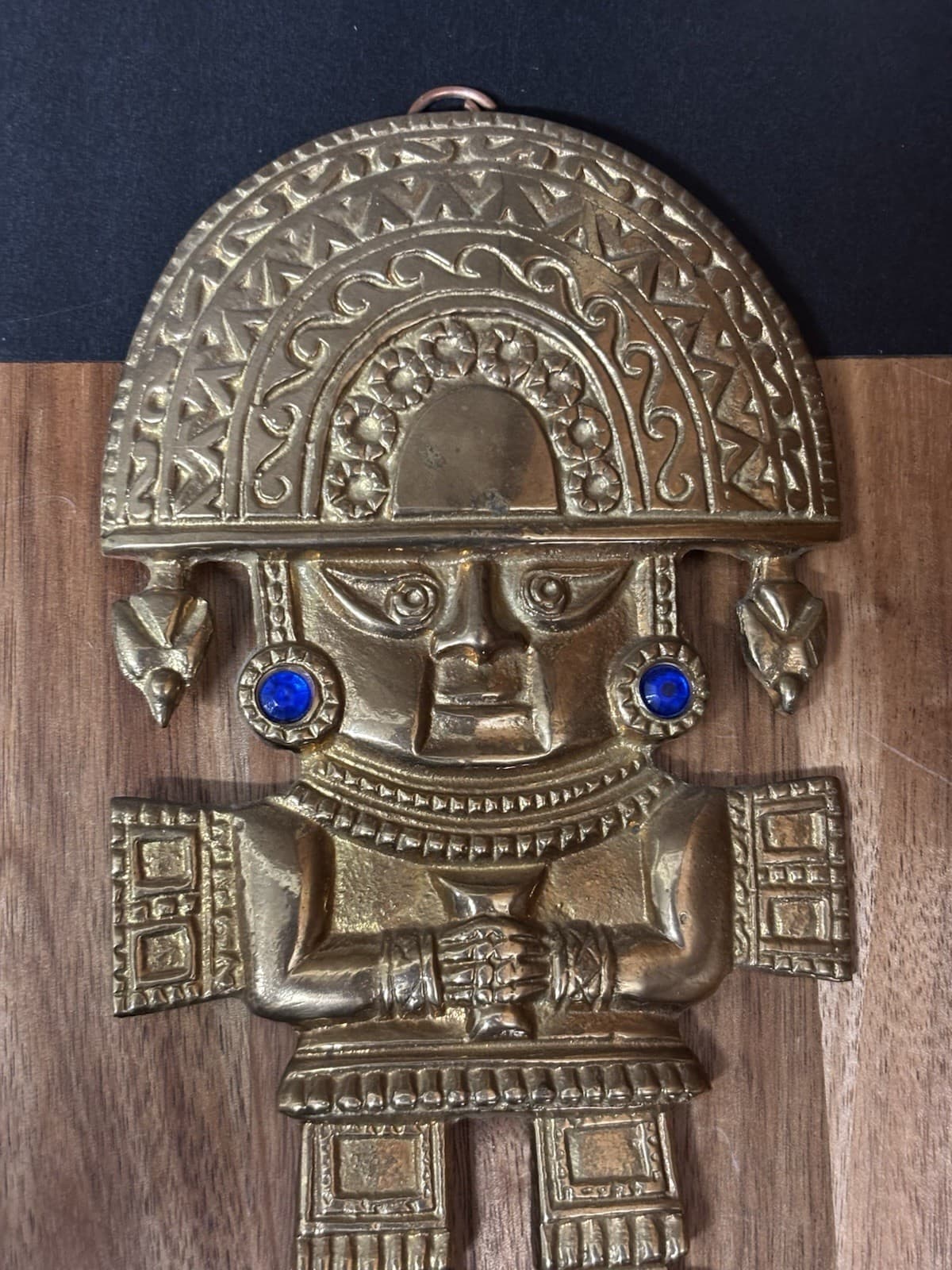 Vtg Brass Peru Peruvian Inca Tumi Ceremonial Hanging Wall Art Blue Rhinestones 3