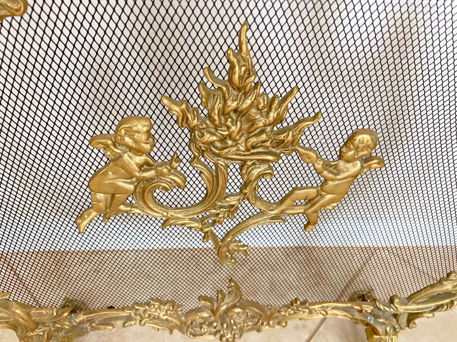 Vintage Brass French Rococo Ornate Etched Cherubs Fireplace Screen Spark Guard 2