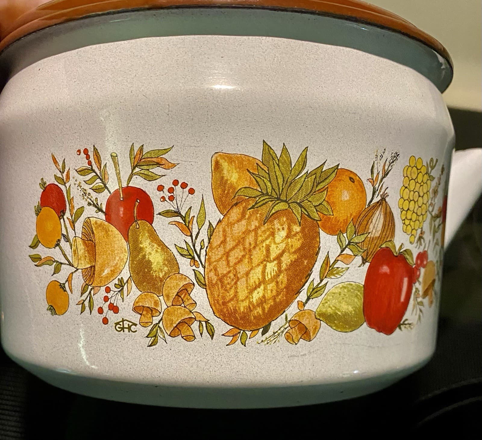 1970’s Vintage Enamel Tea Kettle w/ Lid & Fruits & Mushrooms Pattern By Sears 4