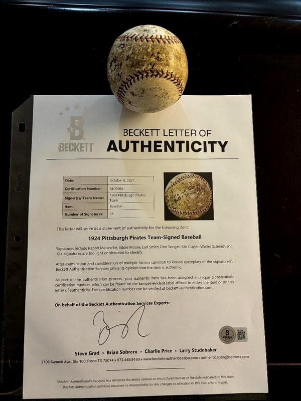 1924 Pittsburgh Pirates Ball Maranville and Cuyler LOA Beckett 3