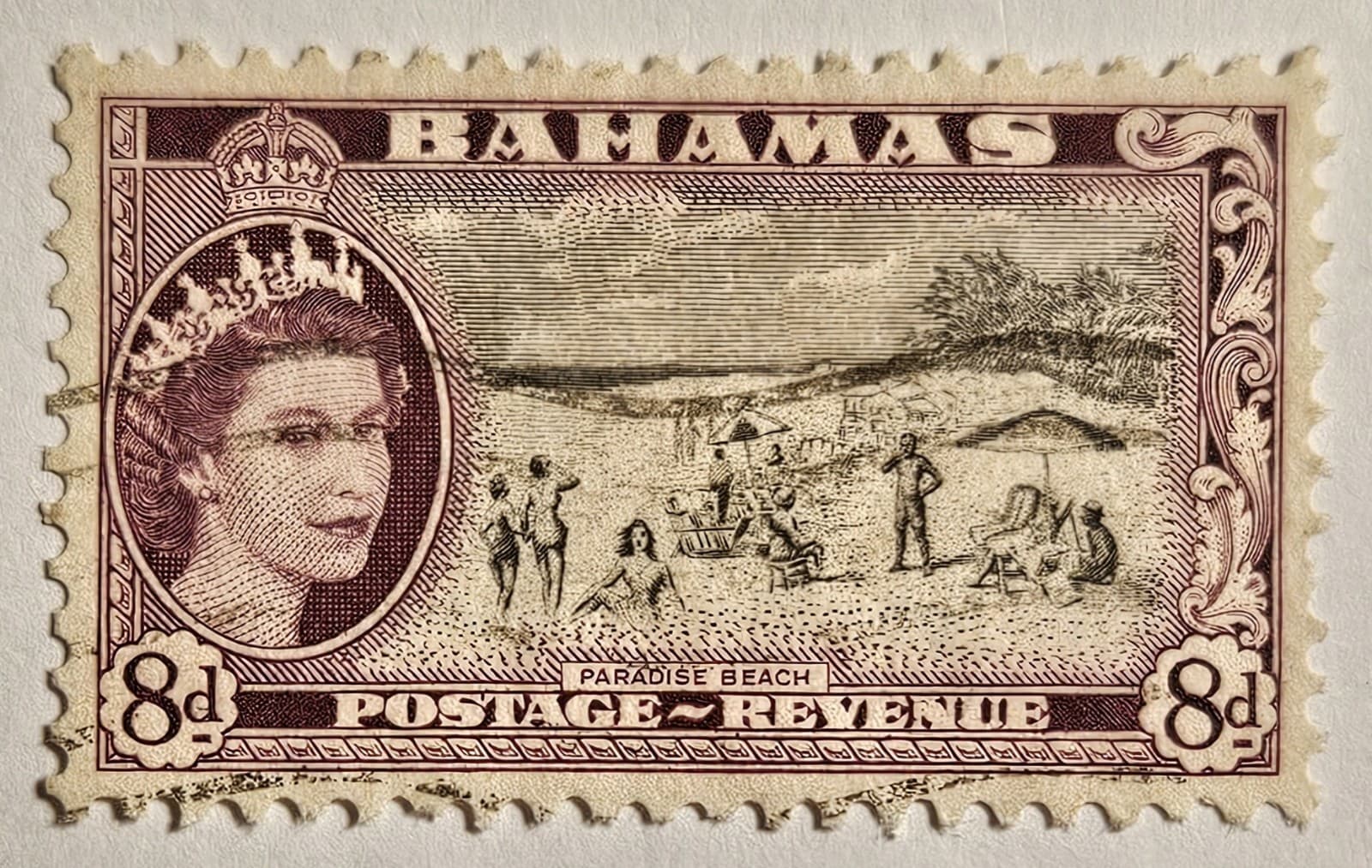 Bahamas 1954, "Paradise Beach" 8d Used Stamp, Scott-#166, Quick & FREE SHIPPING! 3