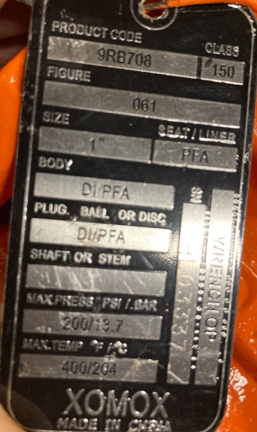 Xomox 9RB708 1" Class 150 Body DI/PFA Seat/Liner PFA Max Temp 400F 204C 2