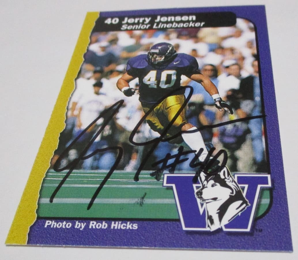 JERRY JENSEN 1997 UW HUSKIES FOOTBALL SIGNED  SGA RC TRADING CARD SR LB CASCADE