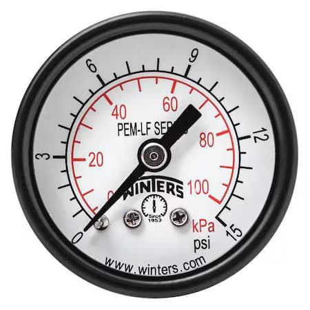 Winters Pem1399lf Pressure Gauge, 0 To 15 Psi, 1 1/2 In Dial, 1/8 In Npt Center