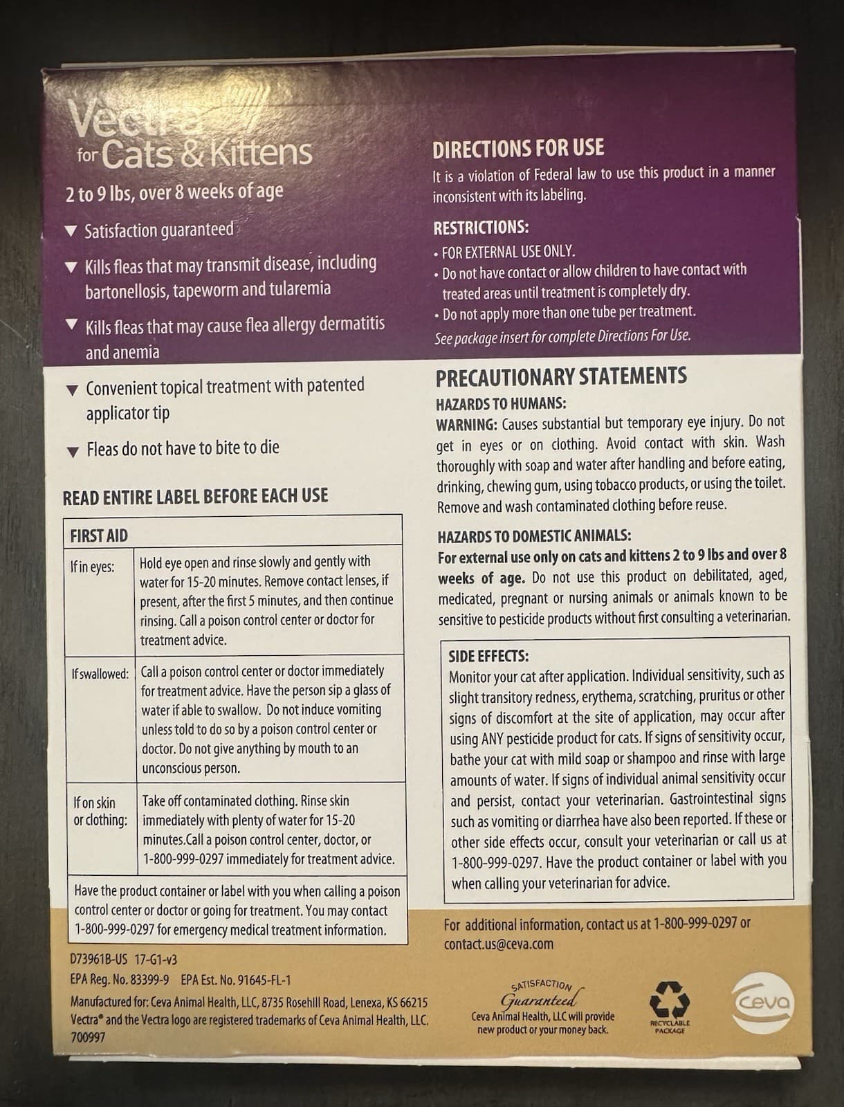 Vectra Flea Treatment for Cats & Kittens 2-9 lbs 6 Month Supply 2