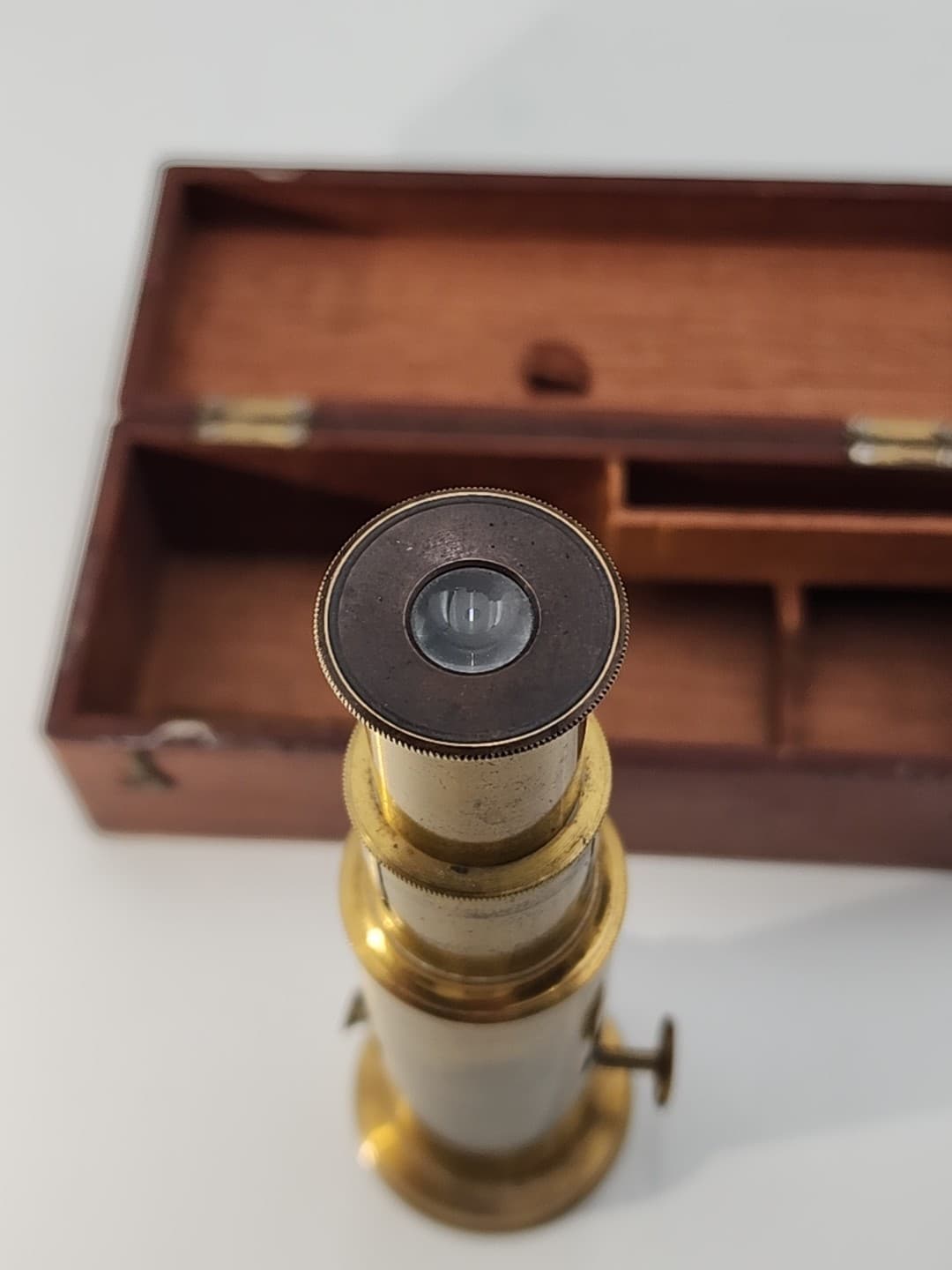 Antique Brass Field Microscope, tweezers and box - unmarked 6