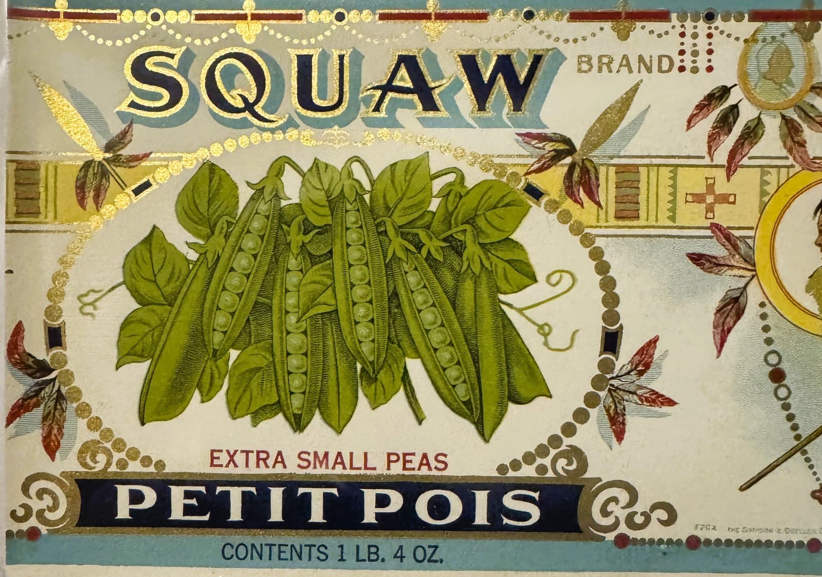 Antique 1920s Squaw Gold Embossed Can Label 2, Centerville, MD, Native American! 3