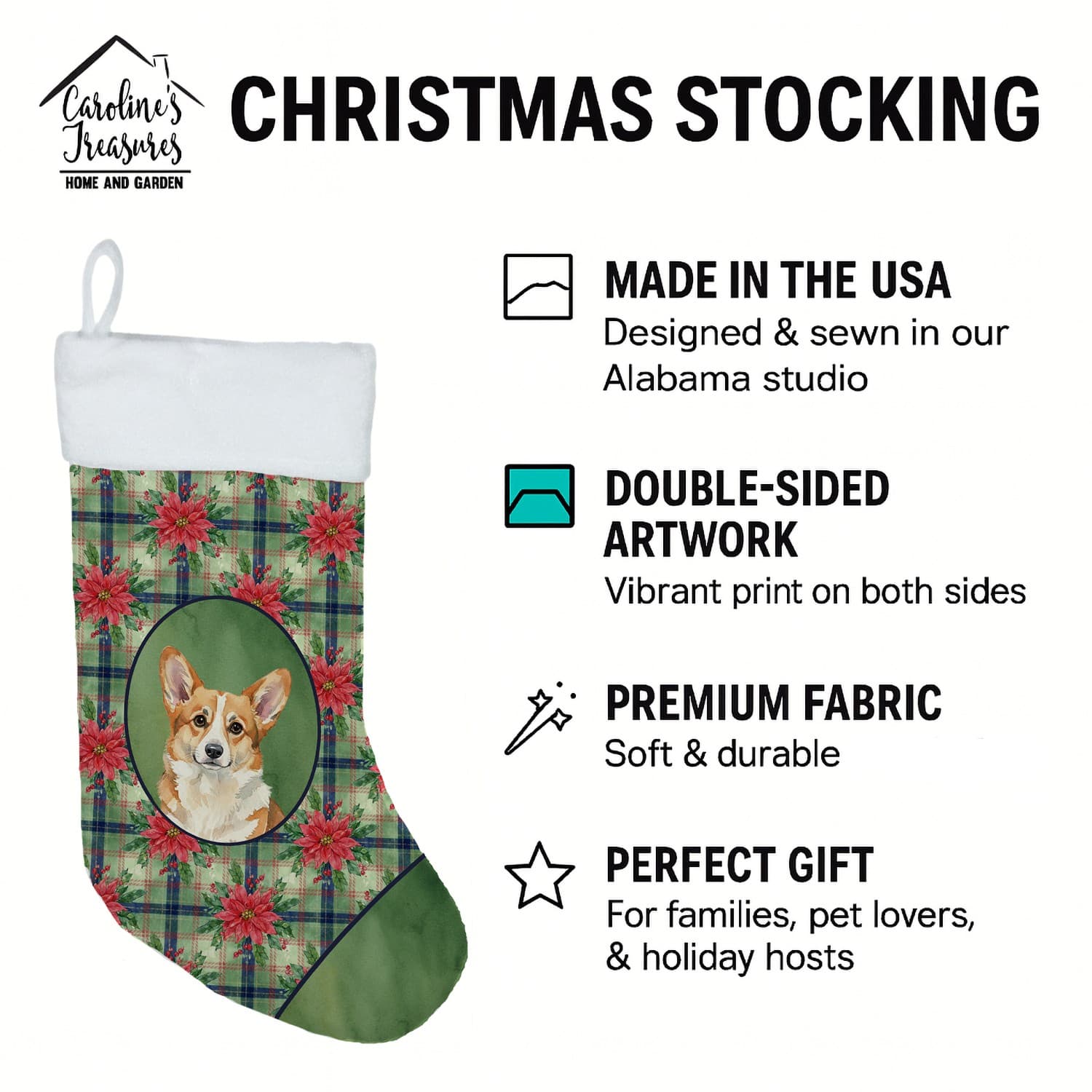 Corgi Christmas Poinsettas Christmas Stocking WDK8753CS 4