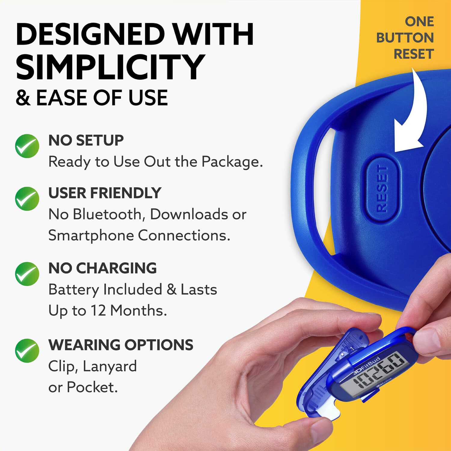 3DFitBud Simple Step Counter Walking 3D Pedometer with Clip and Lanyard A420S 3