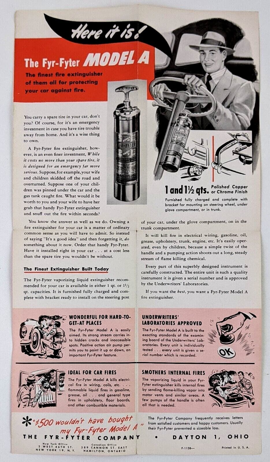 1950s Fyr Fyter Model A Fire Extinguisher Car Automobile Vintage Ad Pamphlet  3
