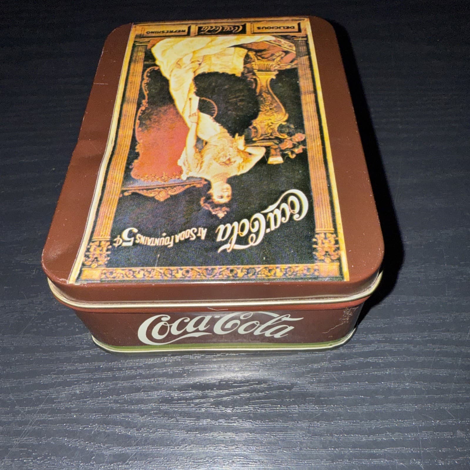 Vintage Coca-Cola “At Soda Fountains 5 Cents” Brown Tin With Hinged Lid 5