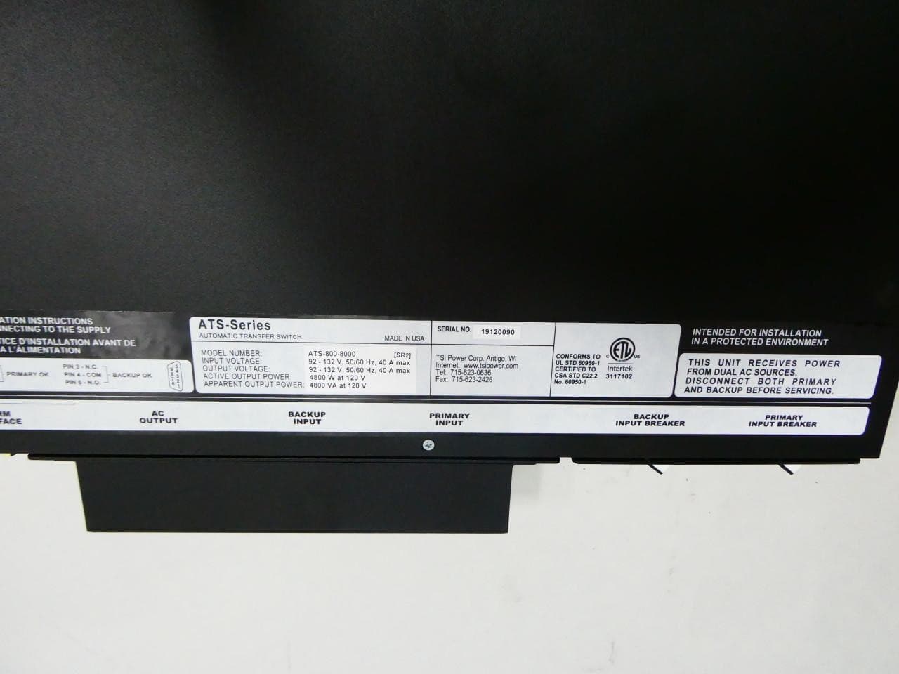 Tsi Power ATS-800-8000 Automatic Transfer Switch 40a Amp 92-132v-ac 4