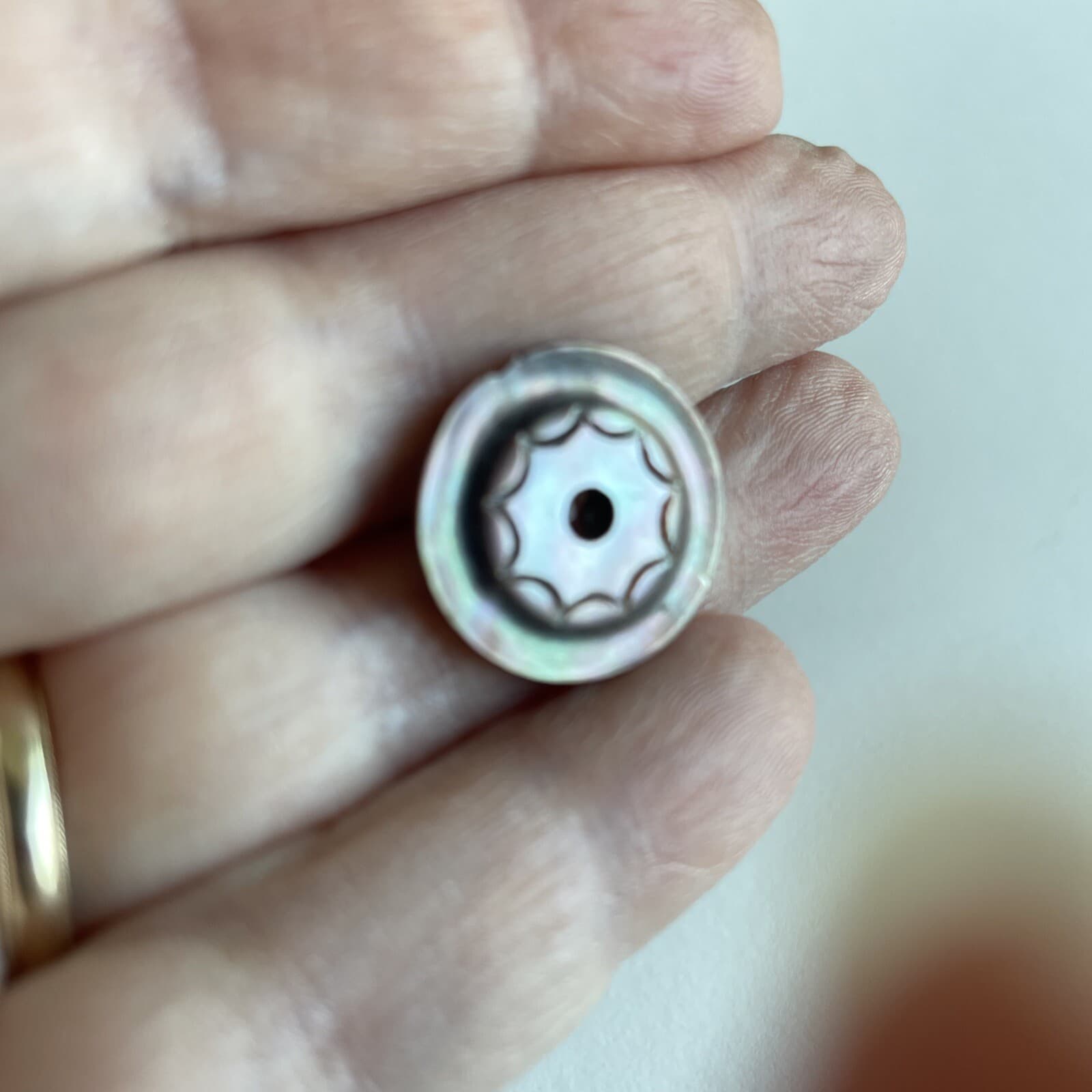 Set Of 4 shell abalone buttons fancy carved Whistle etched 2