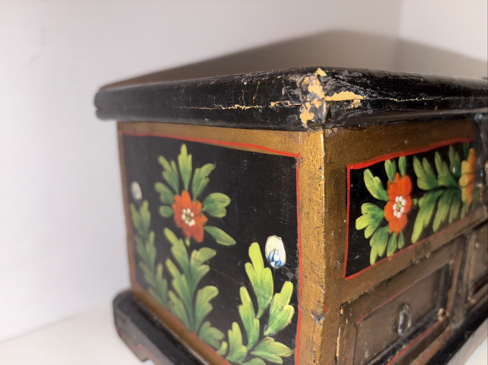 Antique Chinese 2 Drawer Chest Jewelry Box Tole Hand Painted Folk Art Decorated 3