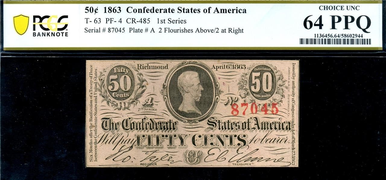 HGR 1863 50c Confederate T-63 (WANTED Grade) PCGS CHOICE UNC 64PPQ