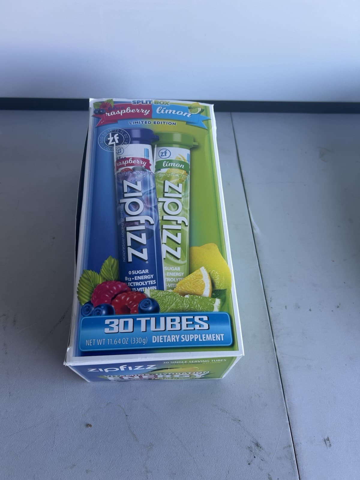 ZipFizz Energy Drink Mix 30 Tubes Split Box Límon & Blue Raspberry Exp: 12/26 2