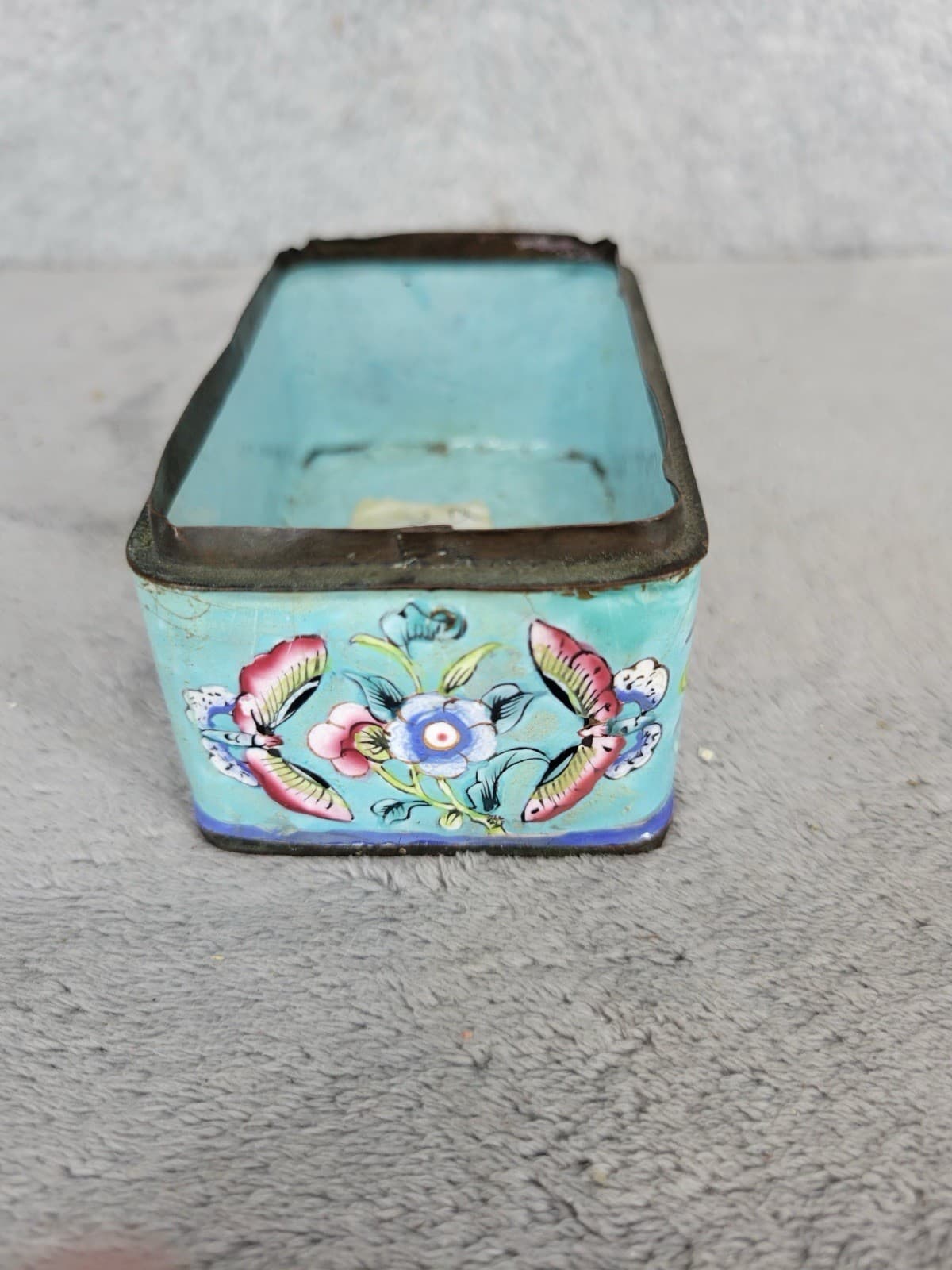 Vintage Chinese Cloisonné Enamel Box Rectangular Turquoise Interior 4” 2.5”