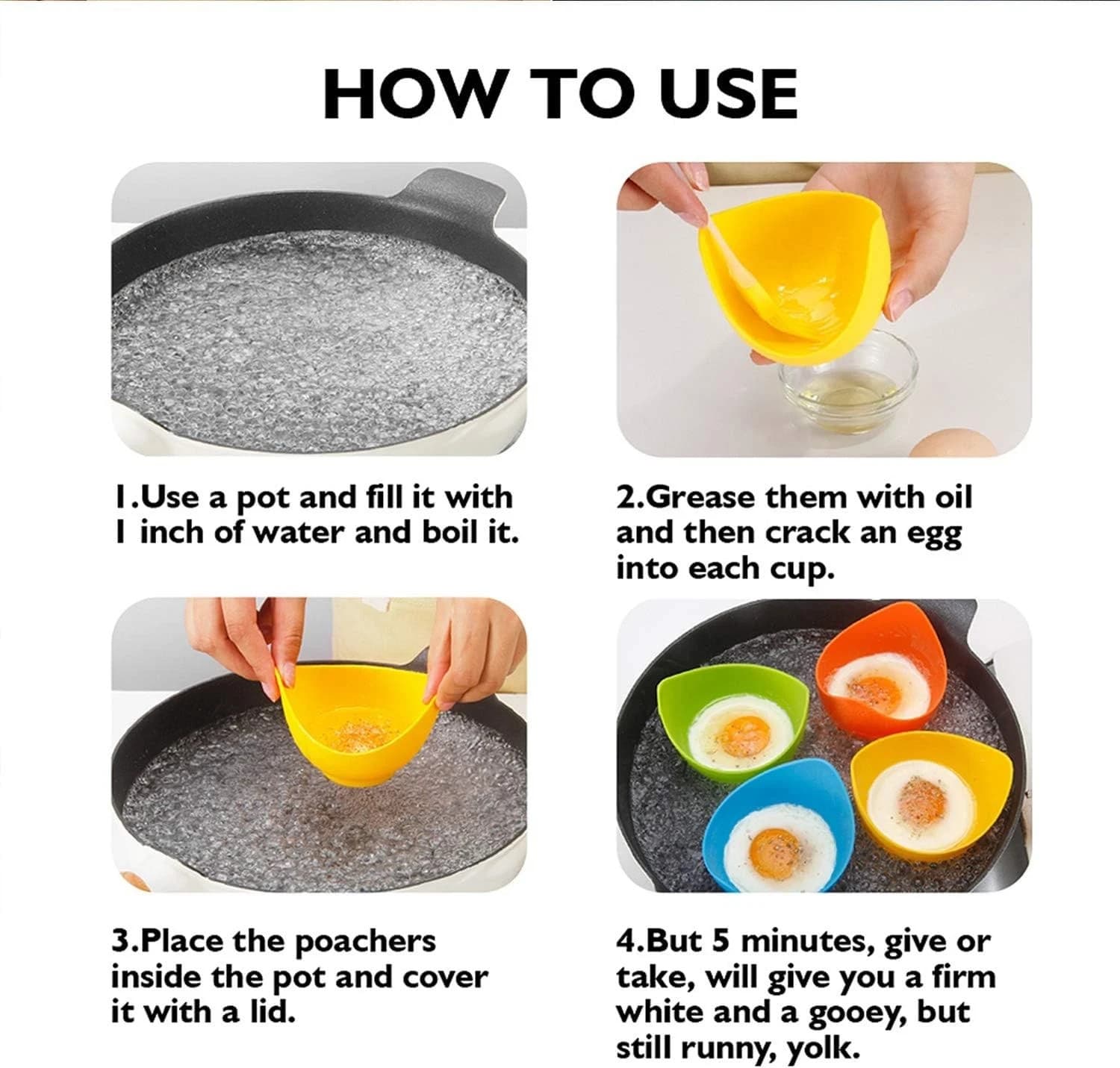 Egg Poacher - KRGMNHR Poached Cooker with Ring Standers, Silicone 4 Pack 4