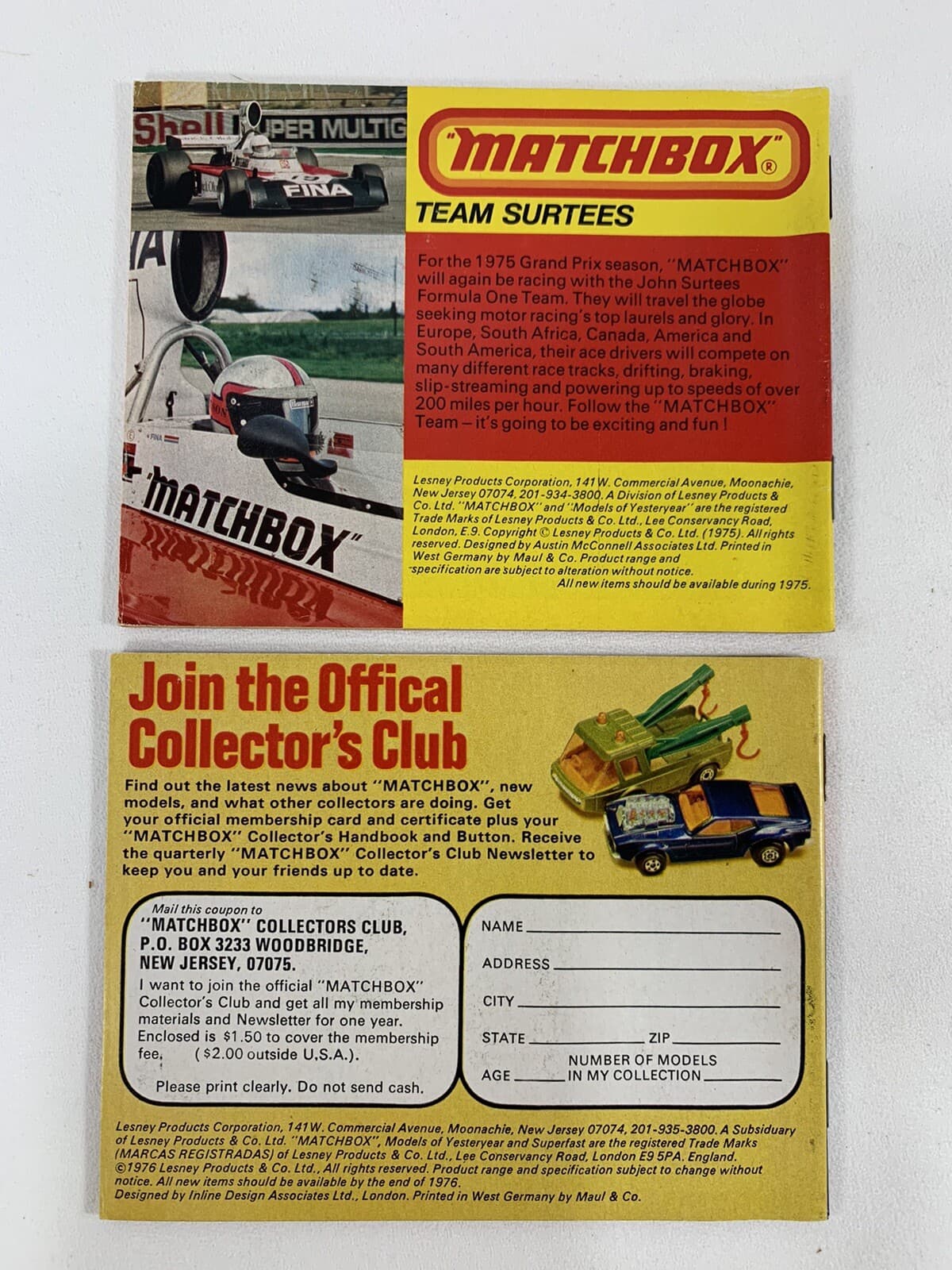 2 Matchbox Collector's Catalogs 1975 - 1976  U.S.A. Editions Booklet Catalog 3