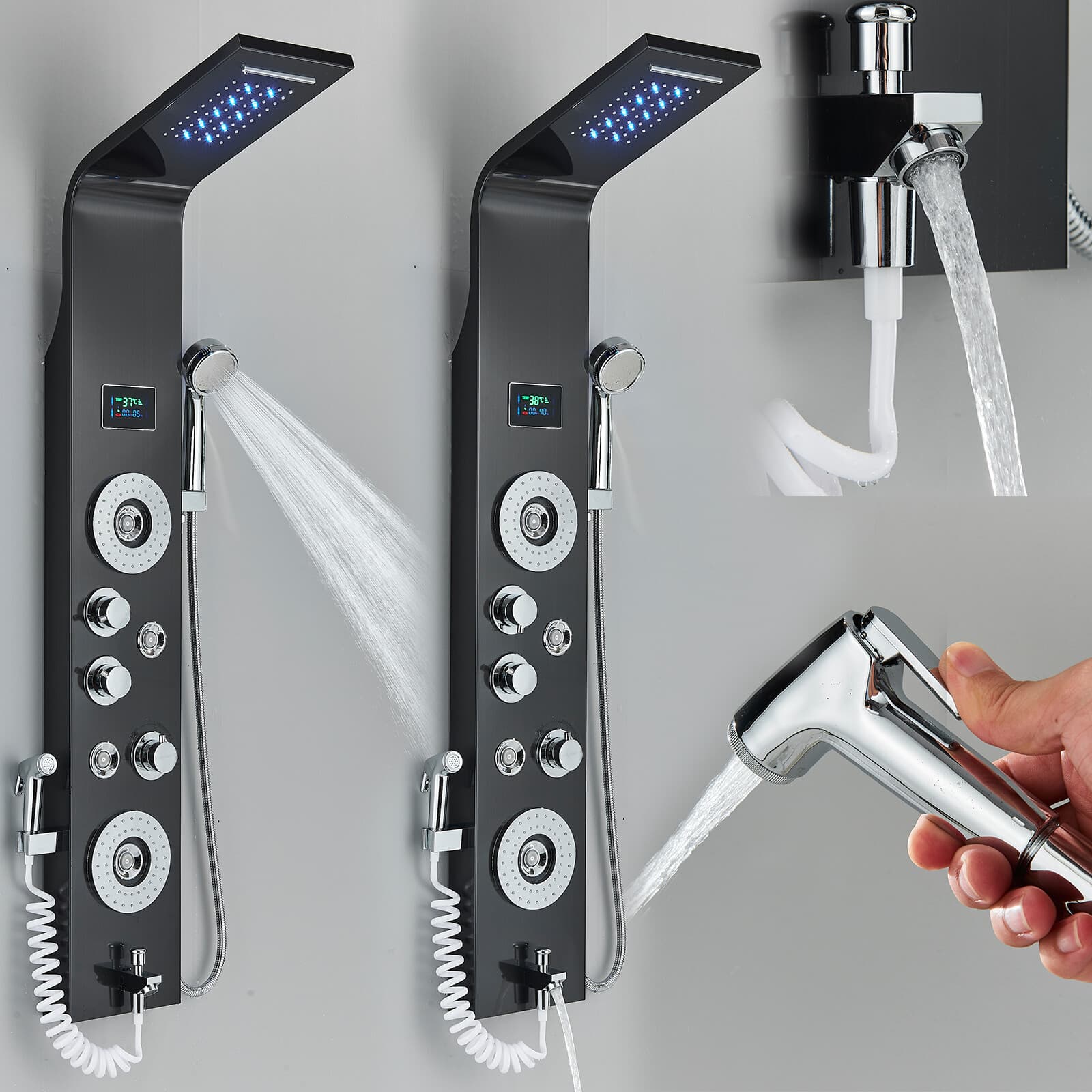 Stainless Steel LED Rain&Waterfall Shower Panel Tower System Massage Body Jets 3