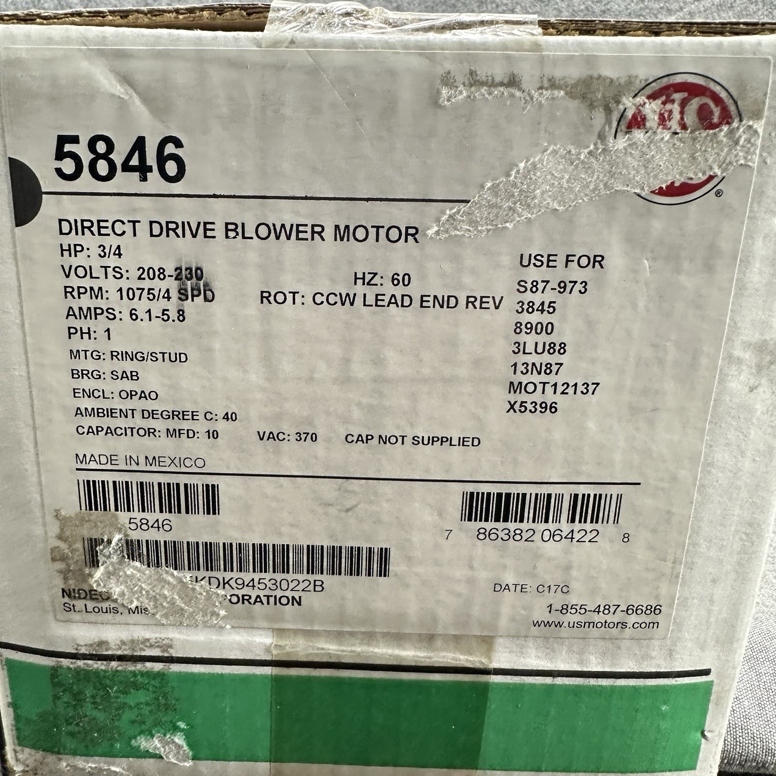 U.S. Motors Nidec 5846 Motor 3/4 Hp 1075 RPM Direct Drive Blower Furnace HVAC 2