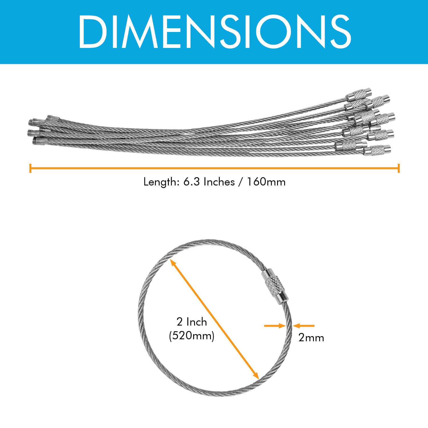 2mm Stainless Steel Wire Keychain 6.3" Aircraft Cable Key Ring Luggage Loops 2