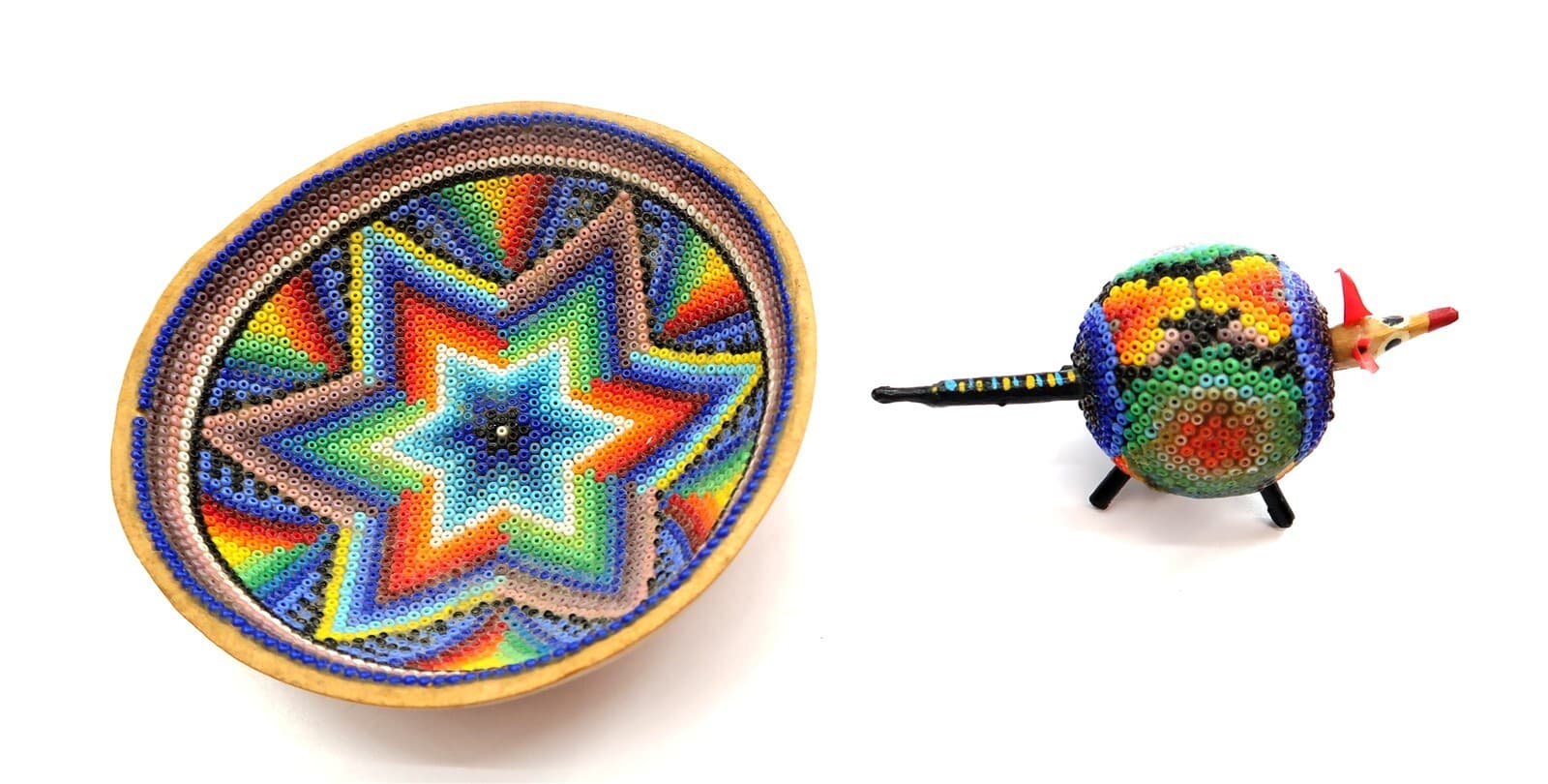 Peruvian Ornate Beaded Gourd Folk Art from Peru BOWL and Dog NODDER 