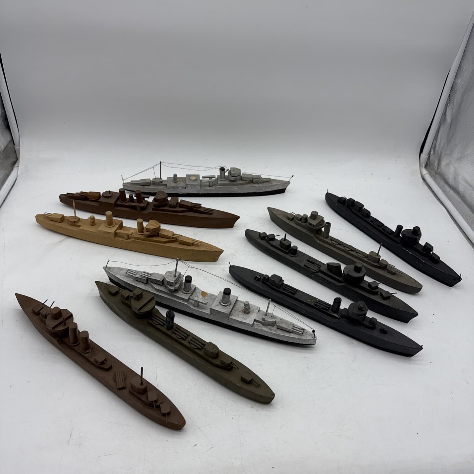 Lot 10 WOODEN TOY 1940s Folk Art Rare Battleship Wooden Toys Model