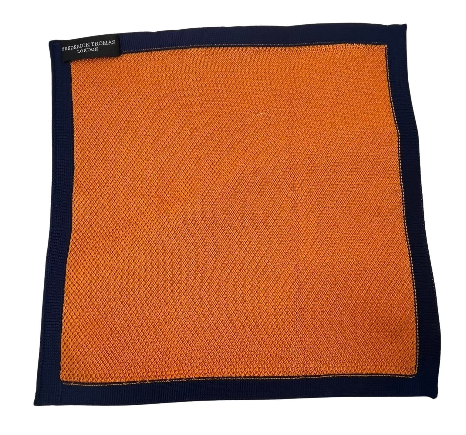 Frederick Thomas orange knitted pocket square with navy dark blue edging 2