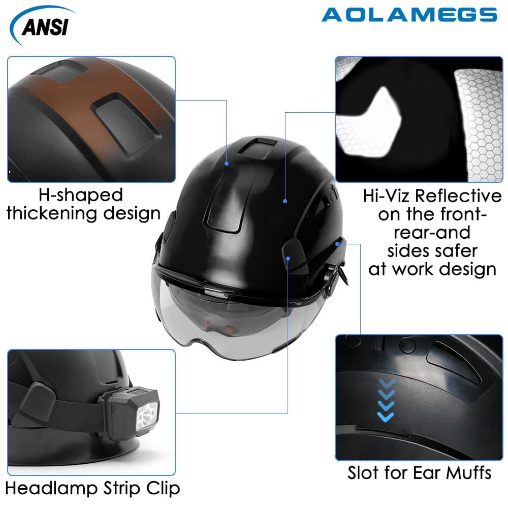 Construction Safety Helmet With Visor Built In Goggle ABS Hard Hat Work Cap ANSI 3