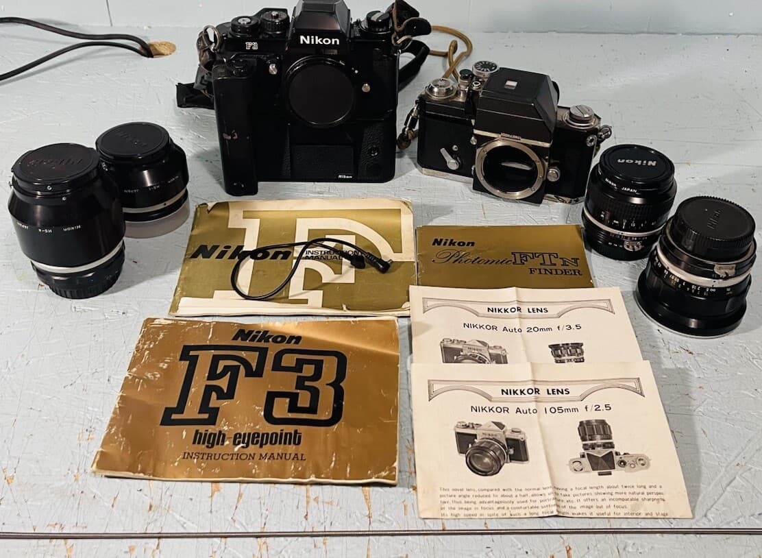 Nikon F3 Camera With Motor Drive MD4. And F Series Camera With 4 Lenses Manuals