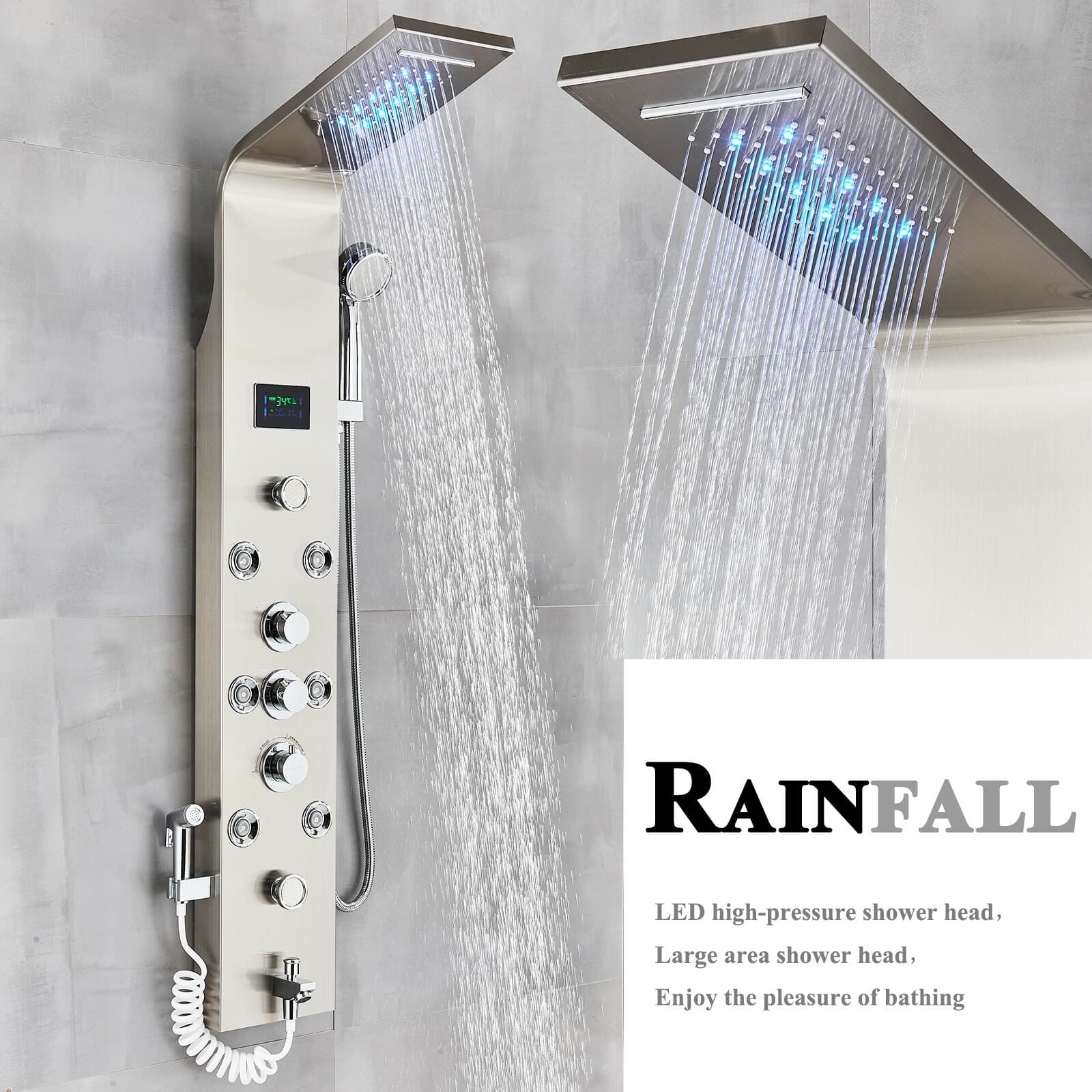 Stainless Steel Shower Panel Tower System LED Rain&Waterfall Massage Jet Sprayer 6