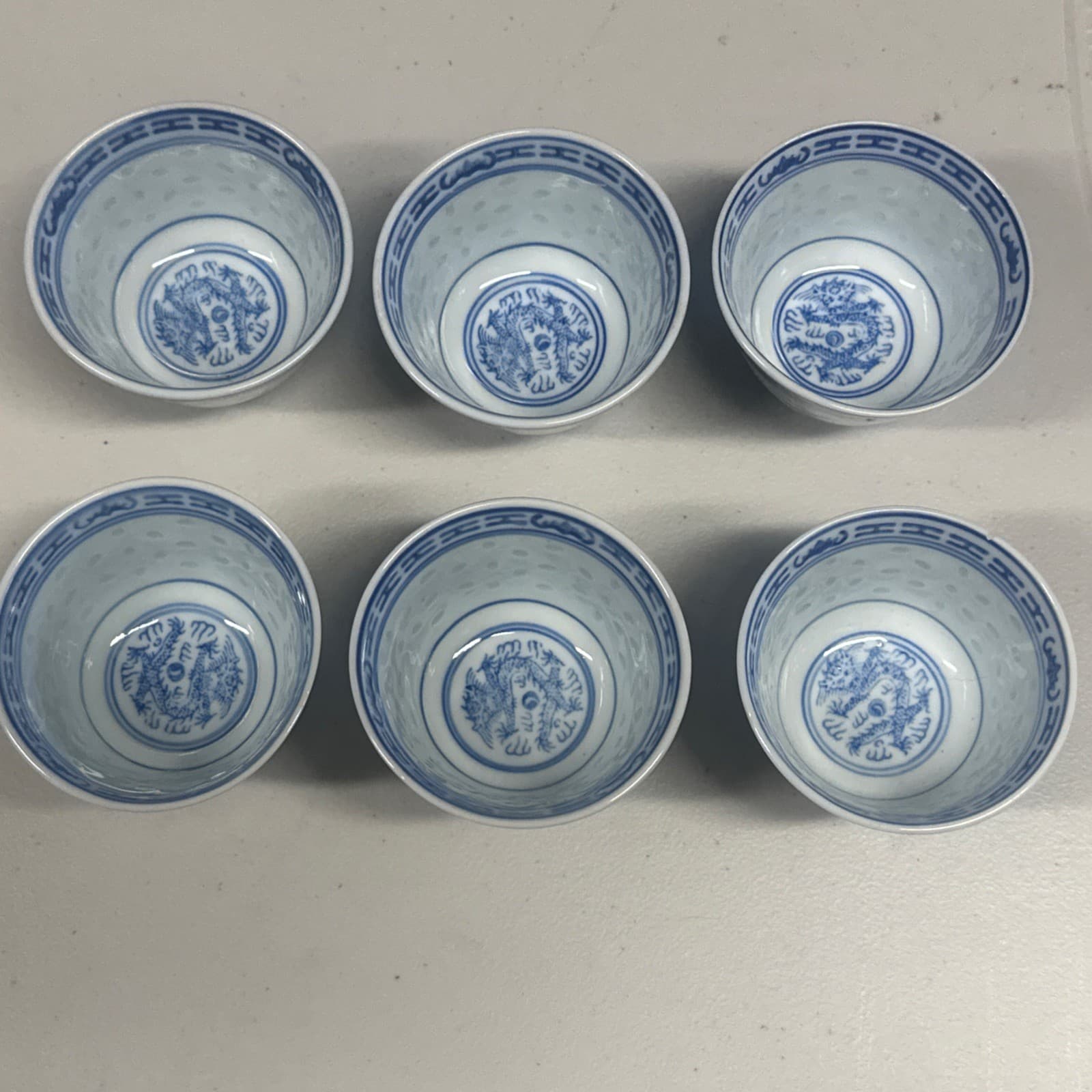 Vintage 6 Chinese Floral Blue White Porcelain Rice Eye Grain Bowl Jingdezhen 3”