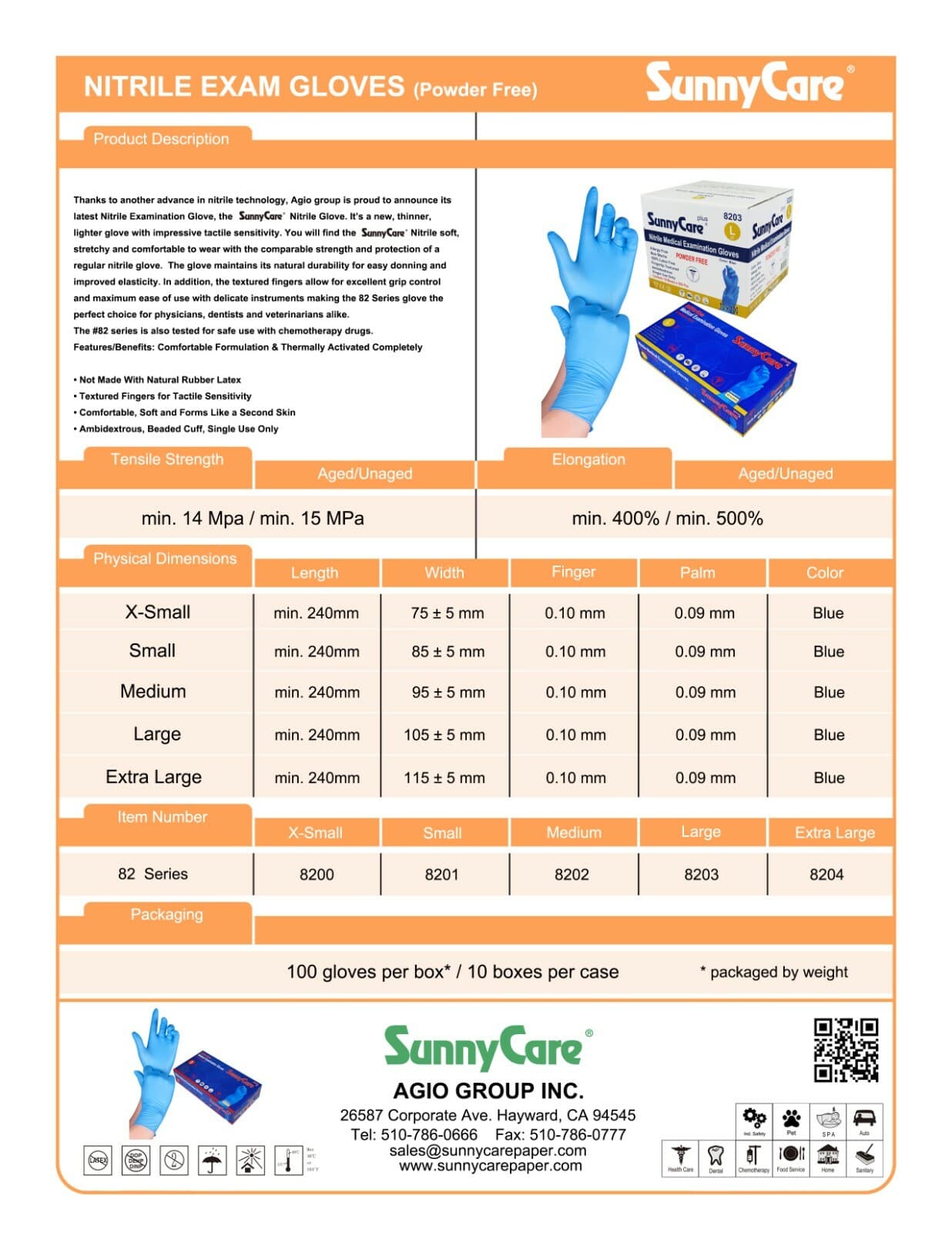 1000 SunnyCare #8202 Nitrile Exam Gloves Chemo-Rated (Powder Free Vinyl Latex) M 3